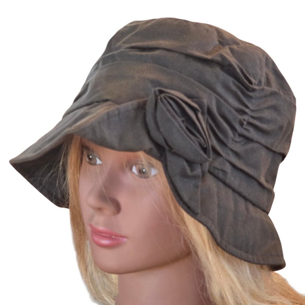 Barbour Olive Green Ruched Cloche Hat with Flower Detail